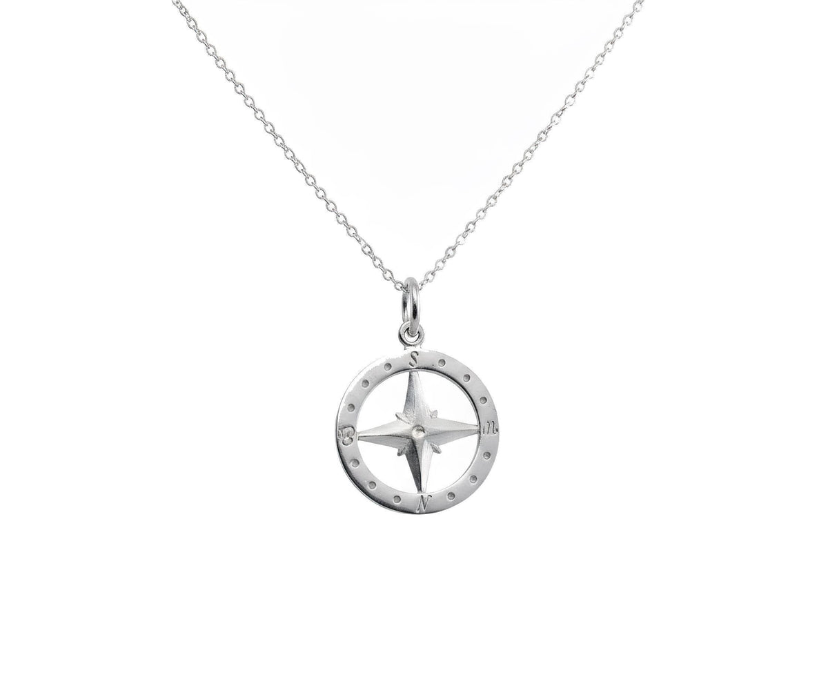 Compass Charm Necklace | Nautical Direction Talisman, in White Gold Plated finish