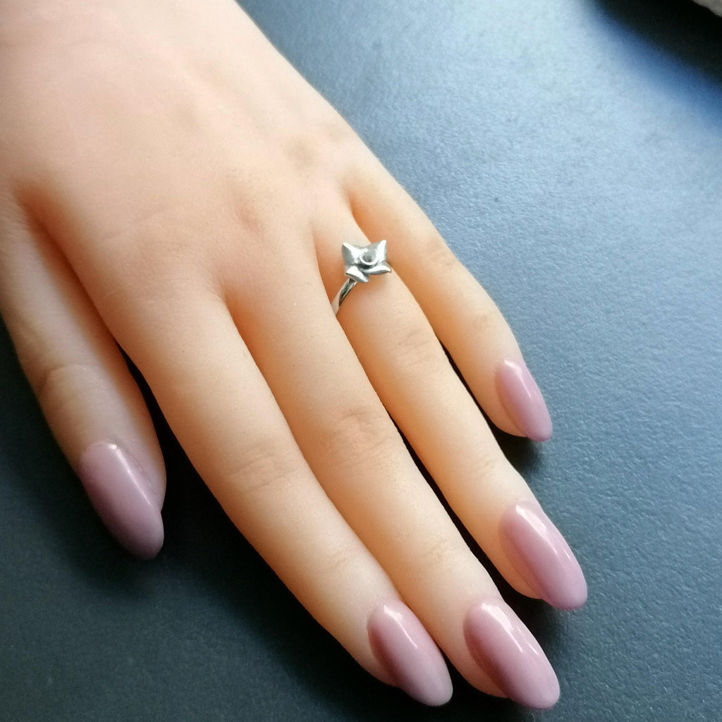 Silver Rose Ring | Dainty Floral Statement Band Sterling Silver | Botanical Promise Ring, close-up detail