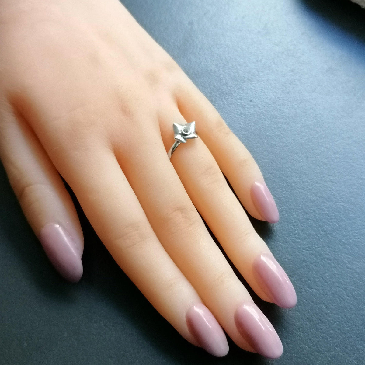 Silver Rose Ring | Dainty Floral Statement Band Sterling Silver | Botanical Promise Ring, close-up detail