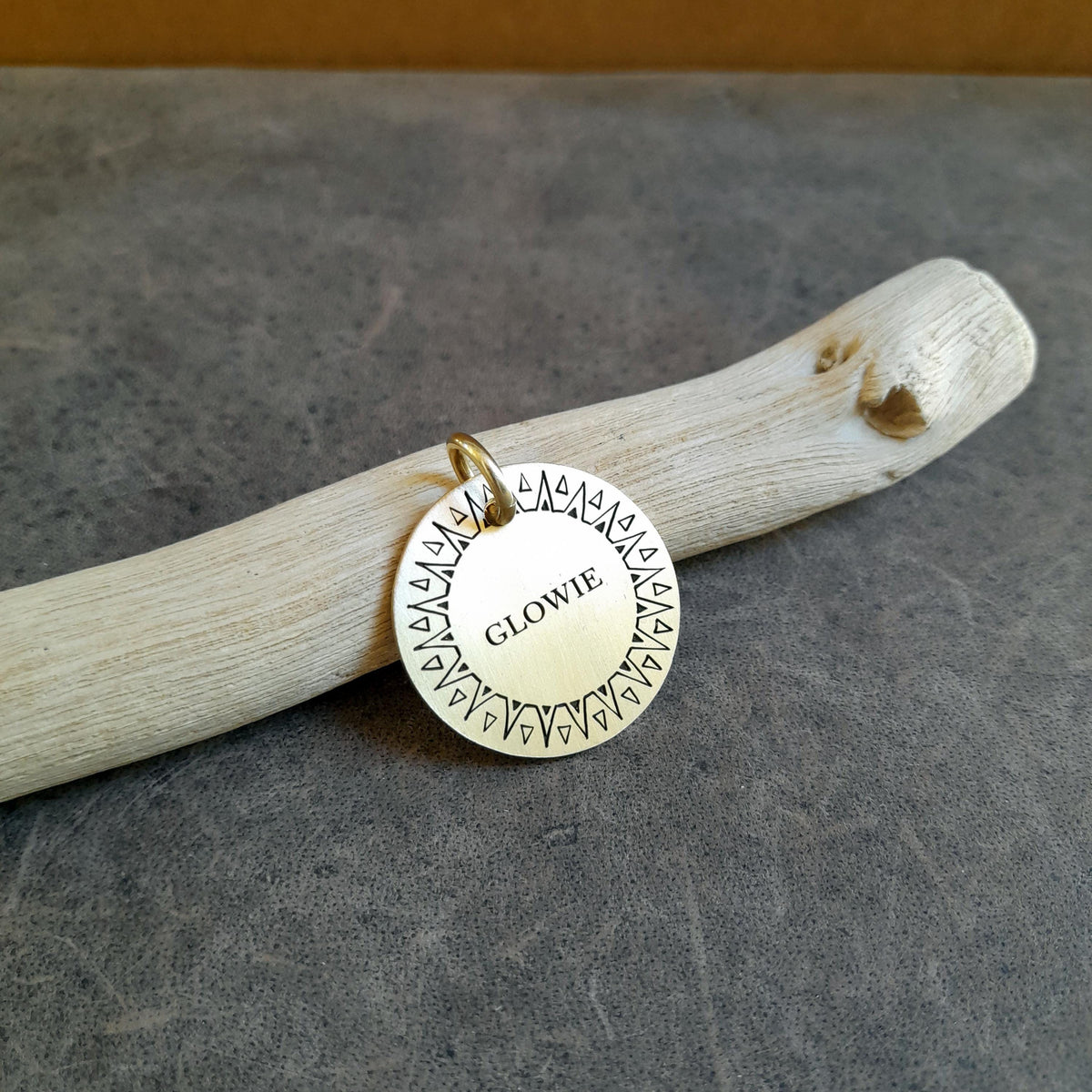 The Radiant Sun Token | Artisan Sun Frame Pet ID & Custom Engraved Dog Tag, close-up detail