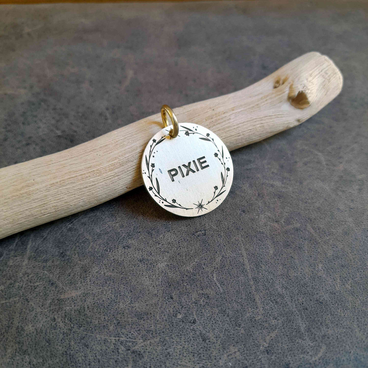 The Boho Wildflower Token | Artisan Floral Pet ID & Custom Engraved Dog Tag, close-up detail