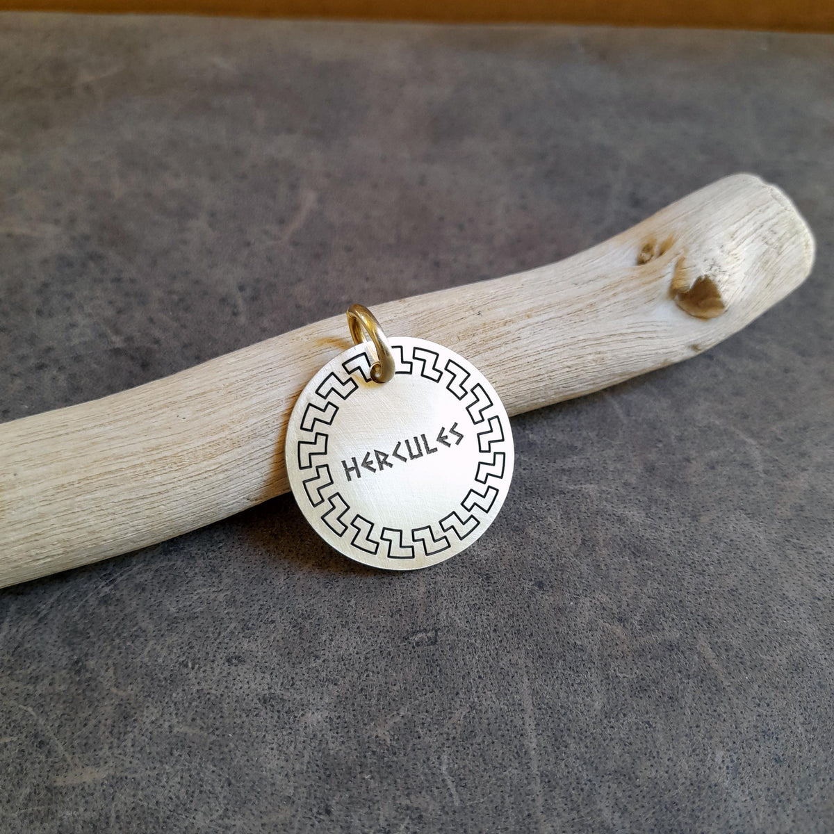 The Inscribed Greka Token | Artisan Hellenic Pet ID & Custom Engraved Greek Dog Tag, close-up detail