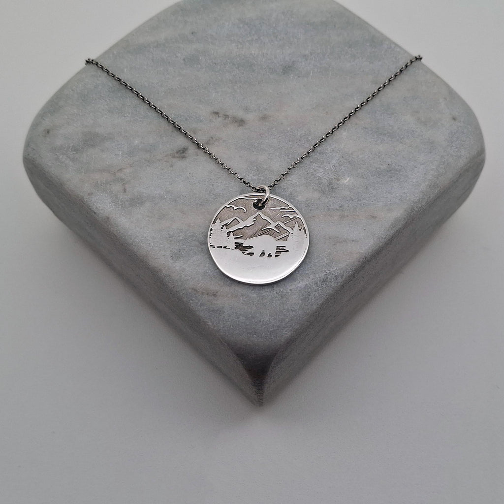 Bear Silhouette Necklace | Mountain Wilderness Talisman, close-up detail
