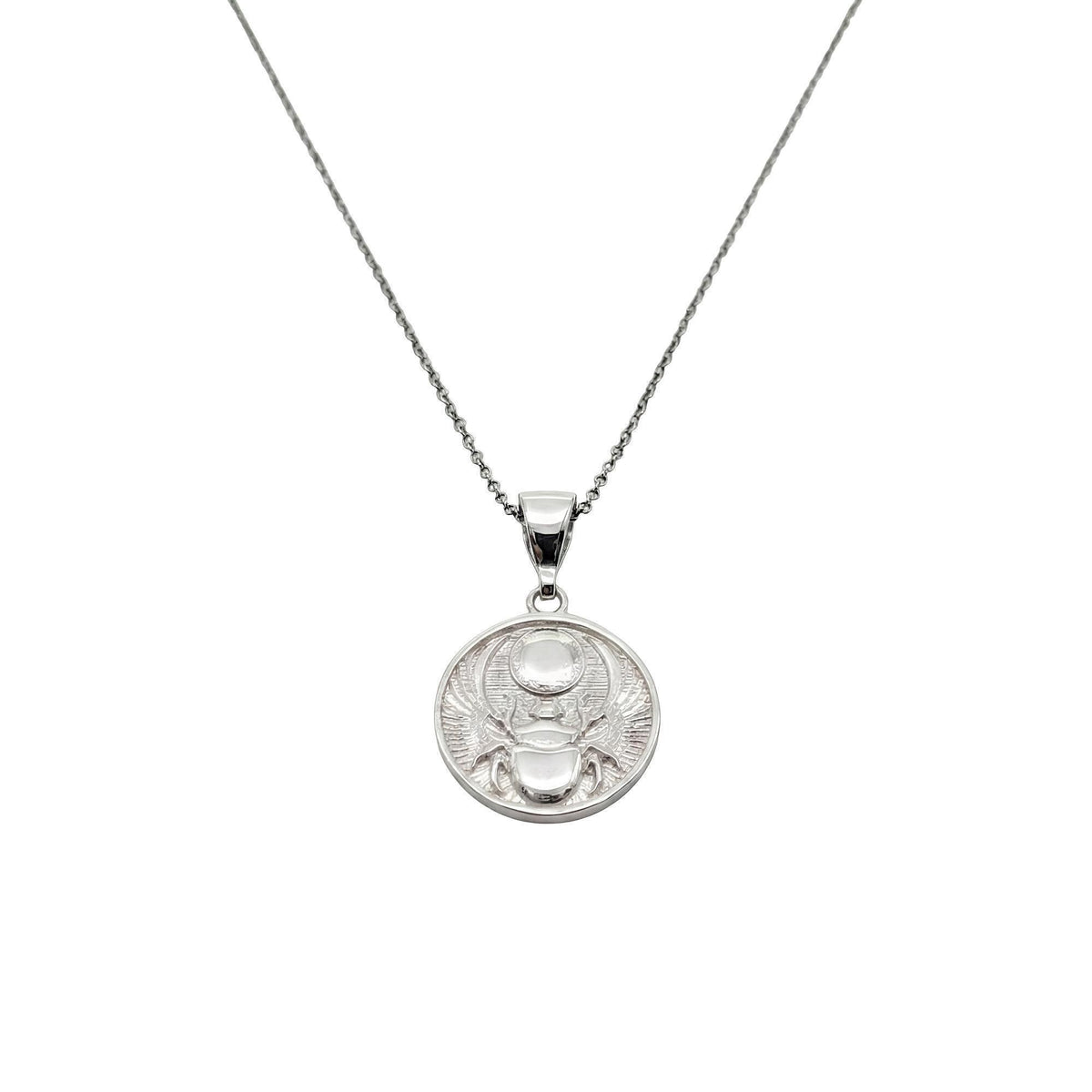 Scarab Medallion Necklace | Egyptian Rebirth Talisman, in White Gold Plated finish