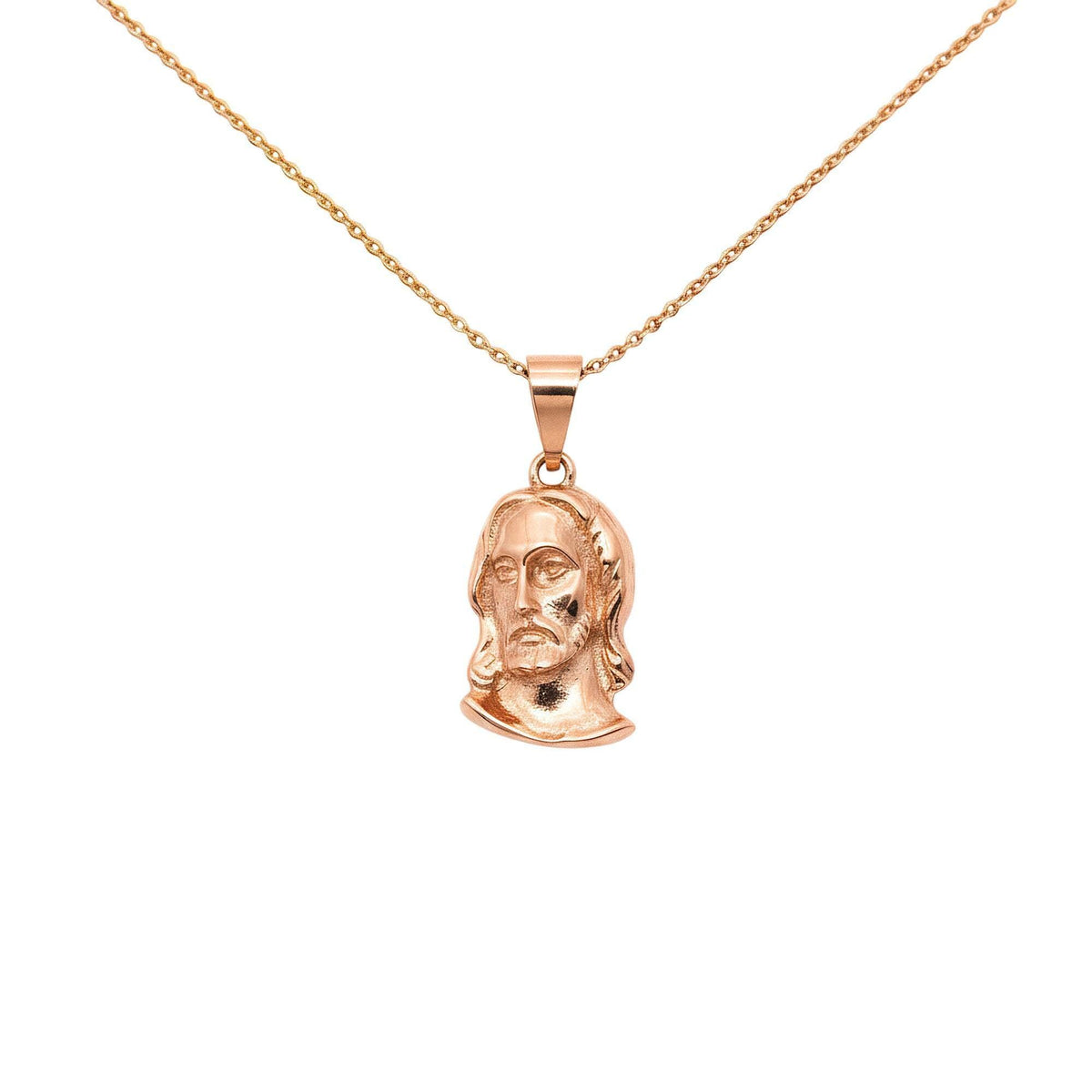 Jesus Christ Head Necklace | Detailed Christian Faith Pendant, in Rose Gold Plated finish