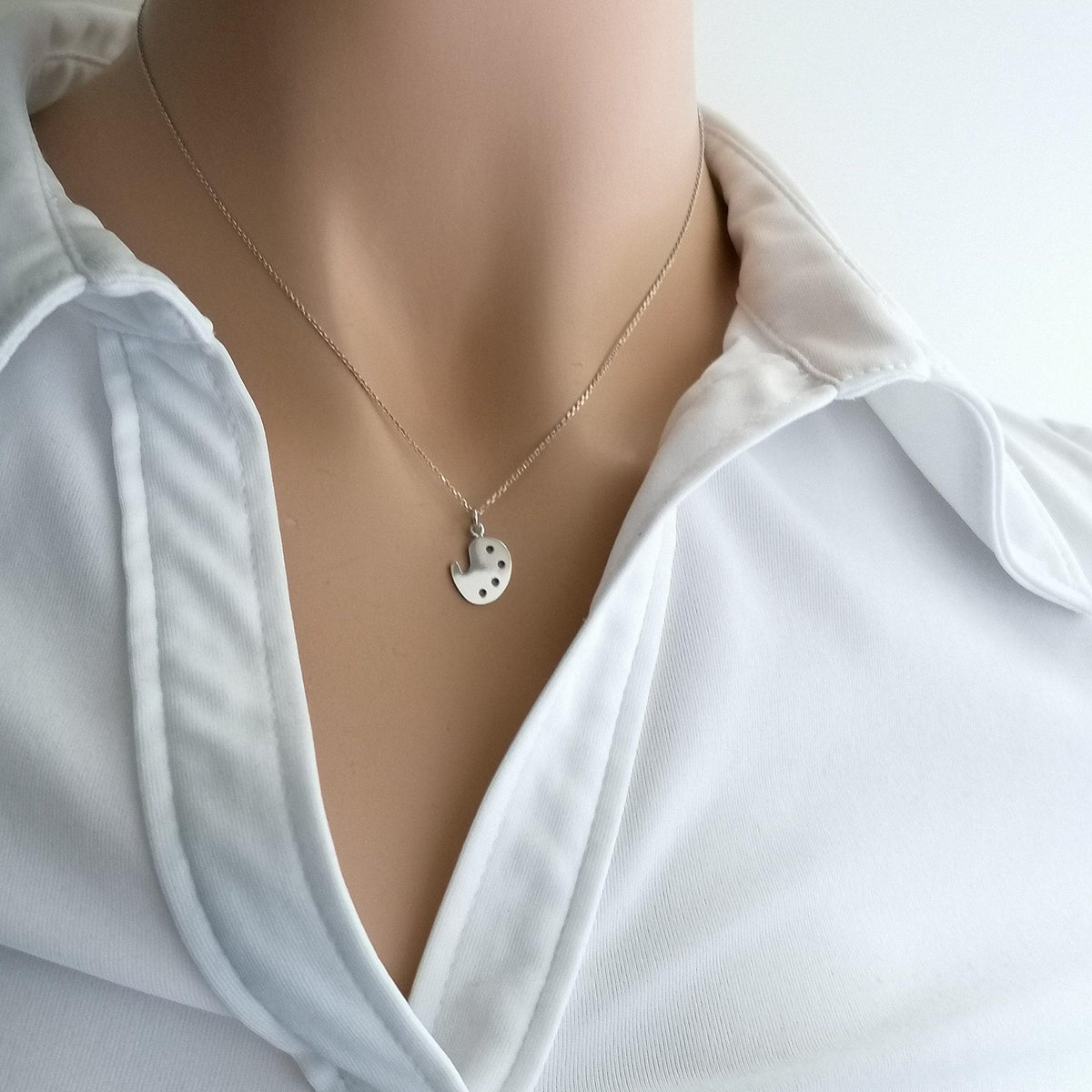 Artist Palette Necklace | Sterling Silver Painter Charm | Creative Expression Pendant, styled view