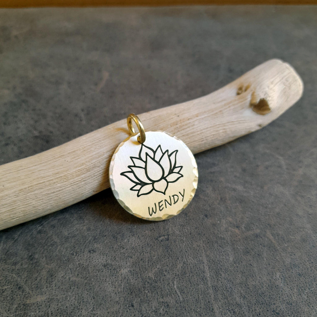 The Serene Lotus Token | Artisan Lotus Flower Pet ID & Custom Engraved Dog Tag, close-up detail
