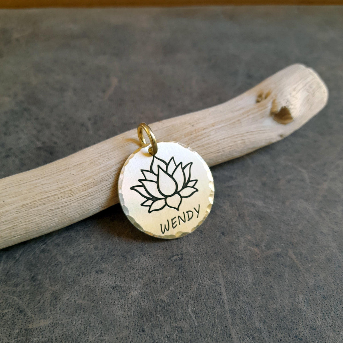 The Serene Lotus Token | Artisan Lotus Flower Pet ID & Custom Engraved Dog Tag, close-up detail