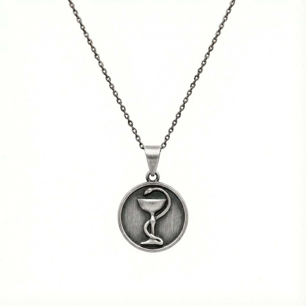 Bowl of Hygieia Medallion | Pharmacy & Healing Talisman, in Oxidized Silver 925 finish