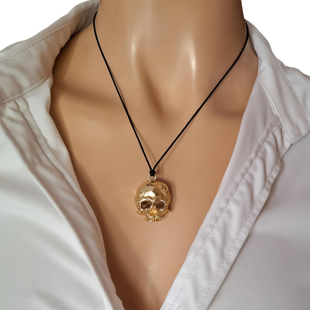 Brass Skull Necklace | 3D Gothic Memento Mori Pendant | Black Jade Cord Talisman