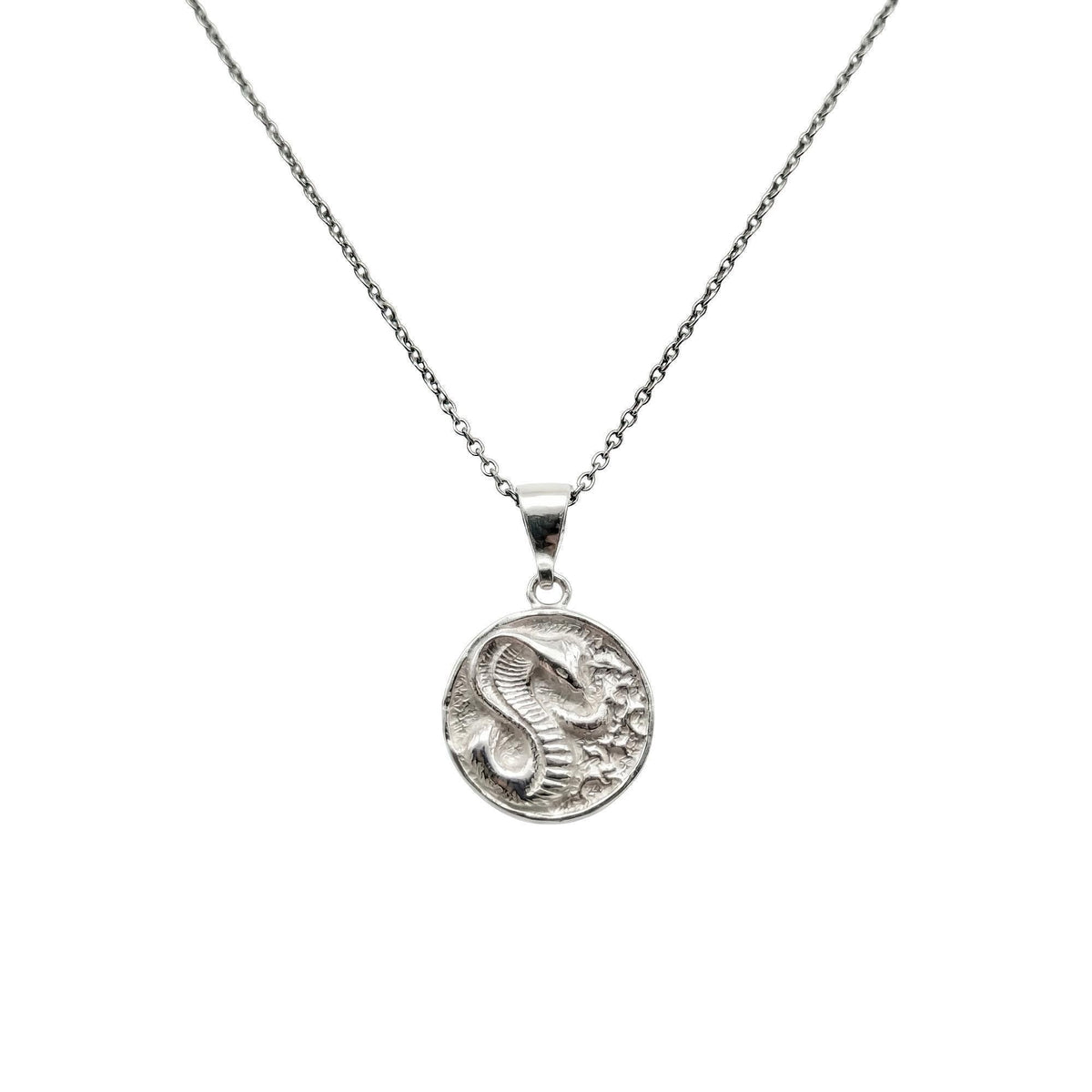 Cobra Medallion Necklace | Protective Talisman, in White Gold Plated finish