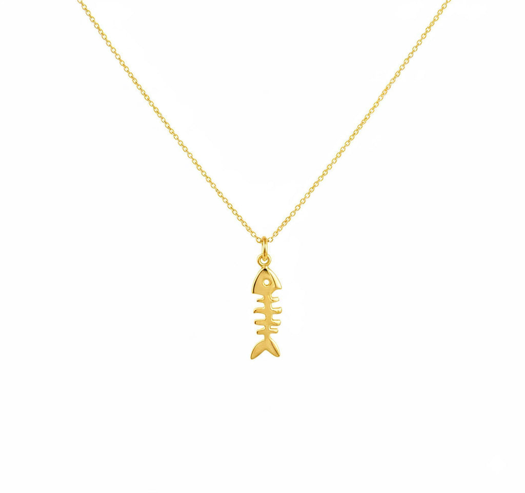 Fishbone Charm Necklace | Solid 14K Gold Nautical Talisman, front view