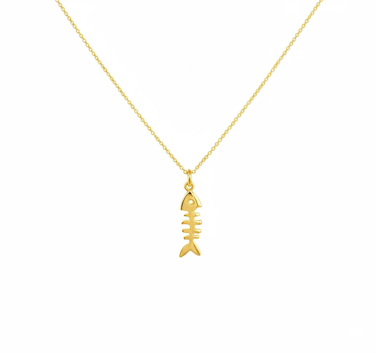 Fishbone Charm Necklace | Solid 14K Gold Nautical Talisman, front view