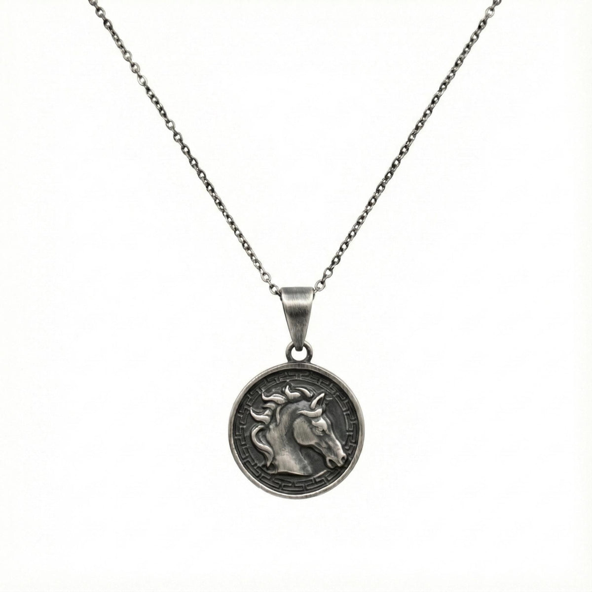 Horse Medallion Necklace | Sterling Silver Equestrian Pendant with Greek Key Border | Custom Engraved, in Oxidized Silver 925 finish