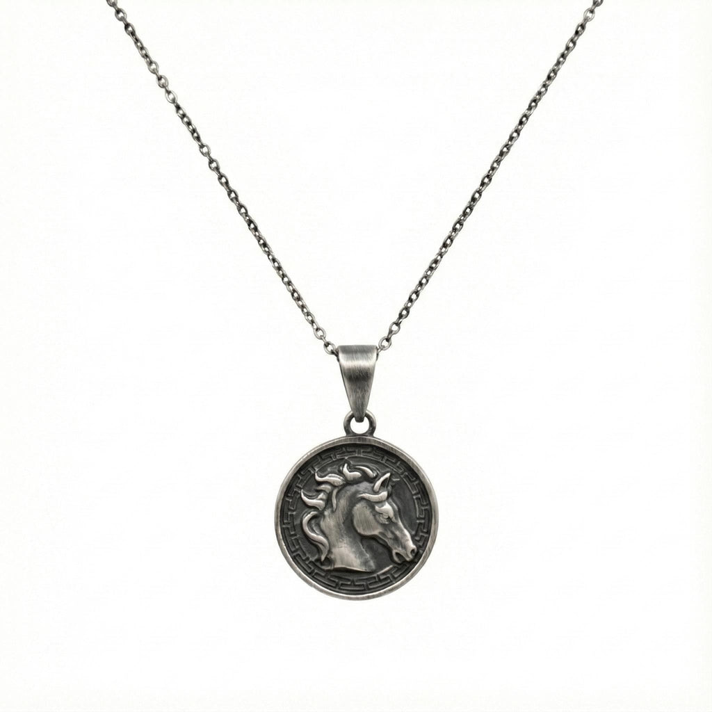 Horse Medallion Necklace side view, pendant and chain detail