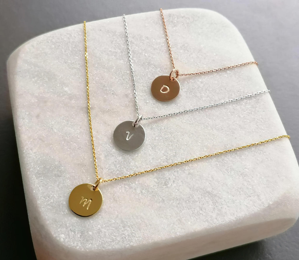 Initial Disc Necklace | Custom Engraved Monogram Pendant, alternate angle