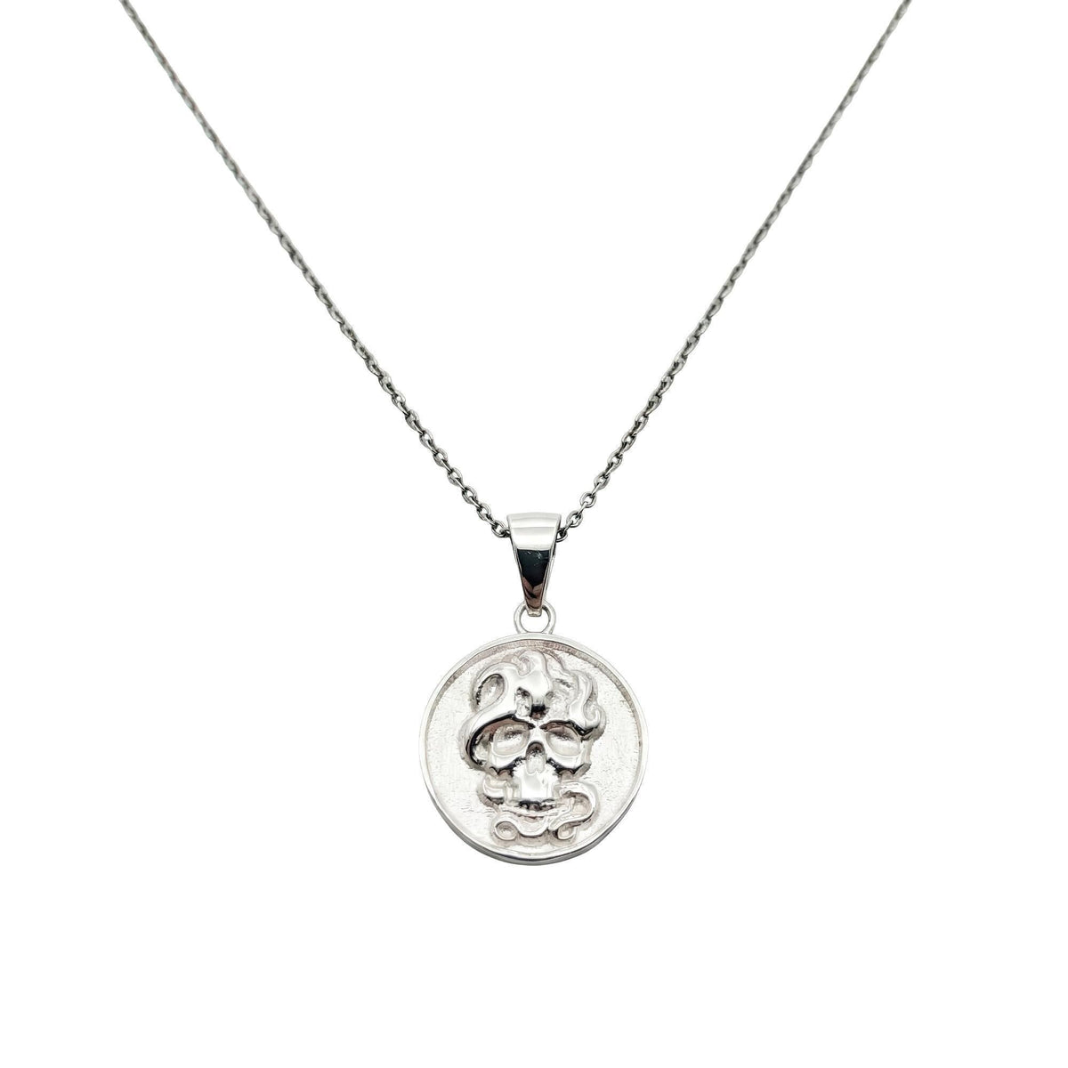 Memento Mori Necklace | Skull & Snake Talisman, in White Gold Plated finish