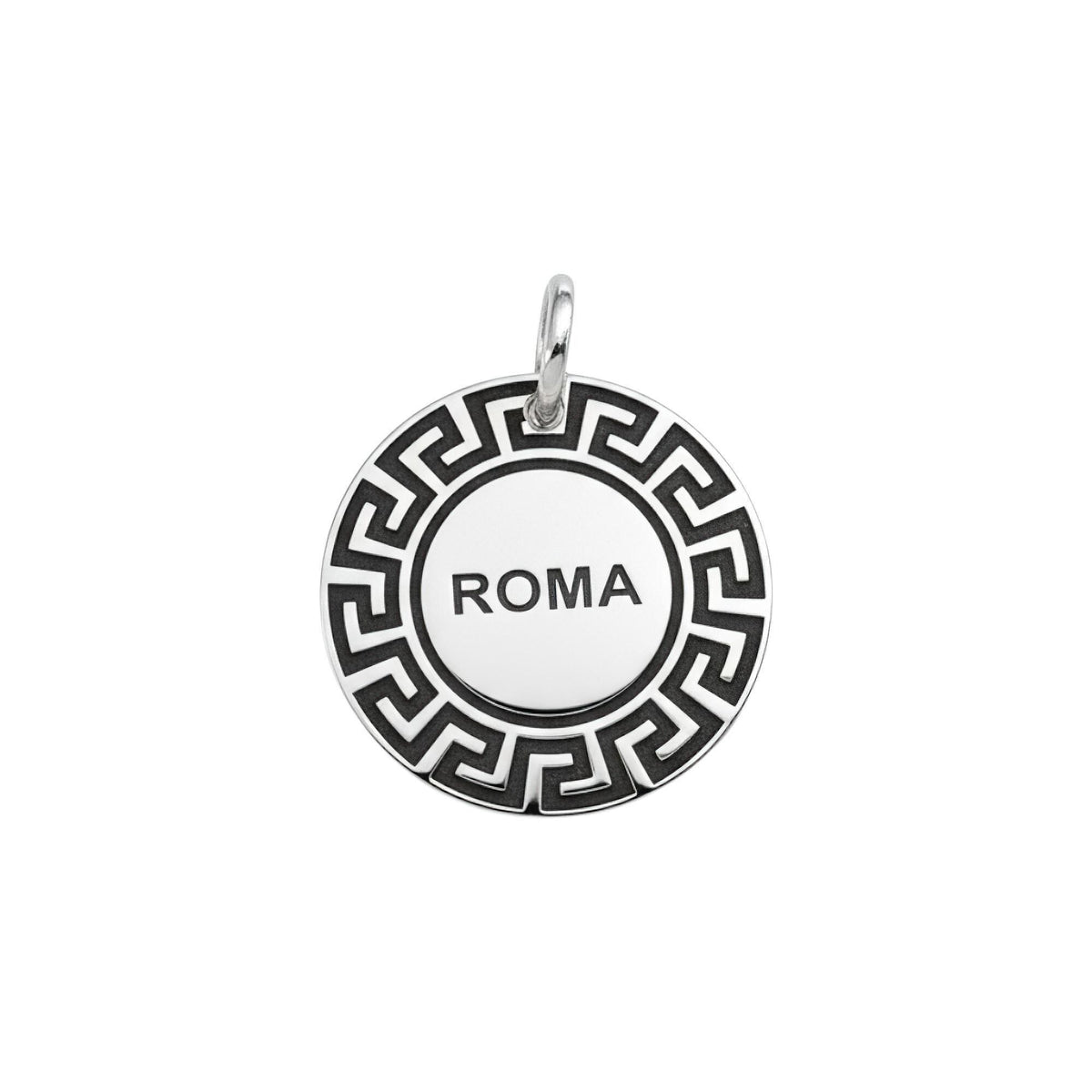 Greek Key Dog Tag | Custom Sterling Silver Meander Pet Tag | Engraved Greek ID Tag, front view