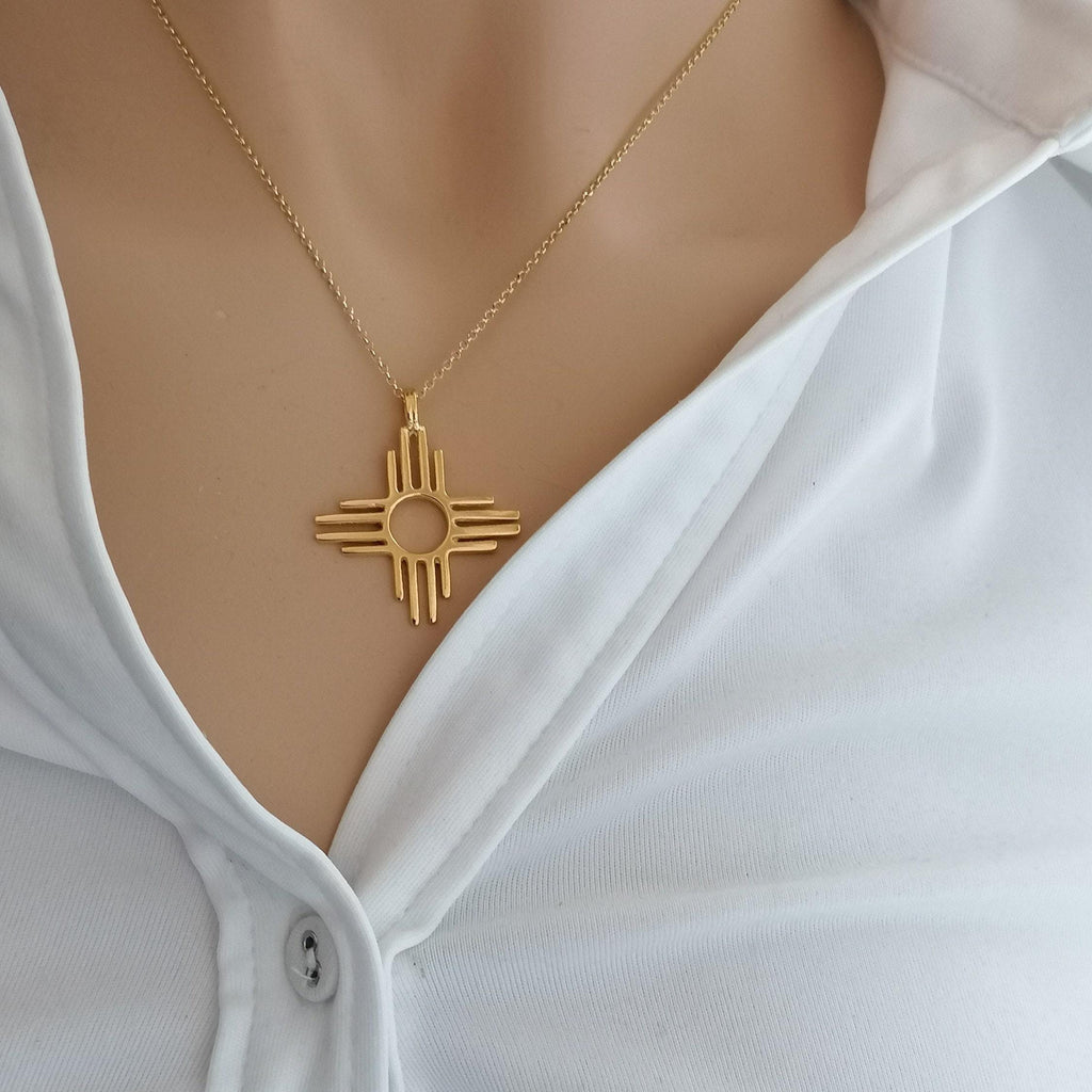 Zia Sun Necklace | Solid Gold Sacred Symbol Pendant | Southwestern Balance Talisman, front view