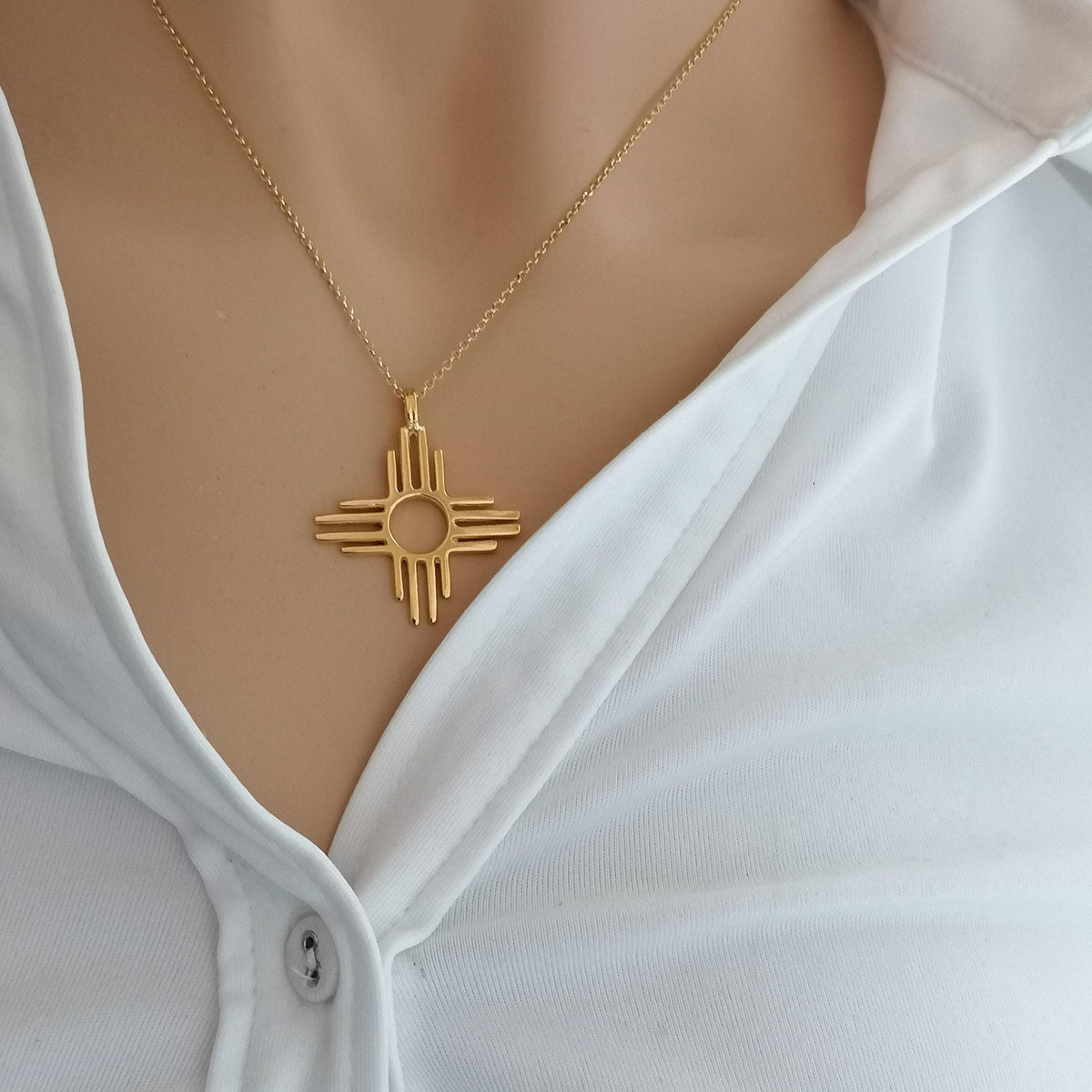 Zia Sun Necklace | Solid Gold Sacred Symbol Pendant | Southwestern Balance Talisman, front view