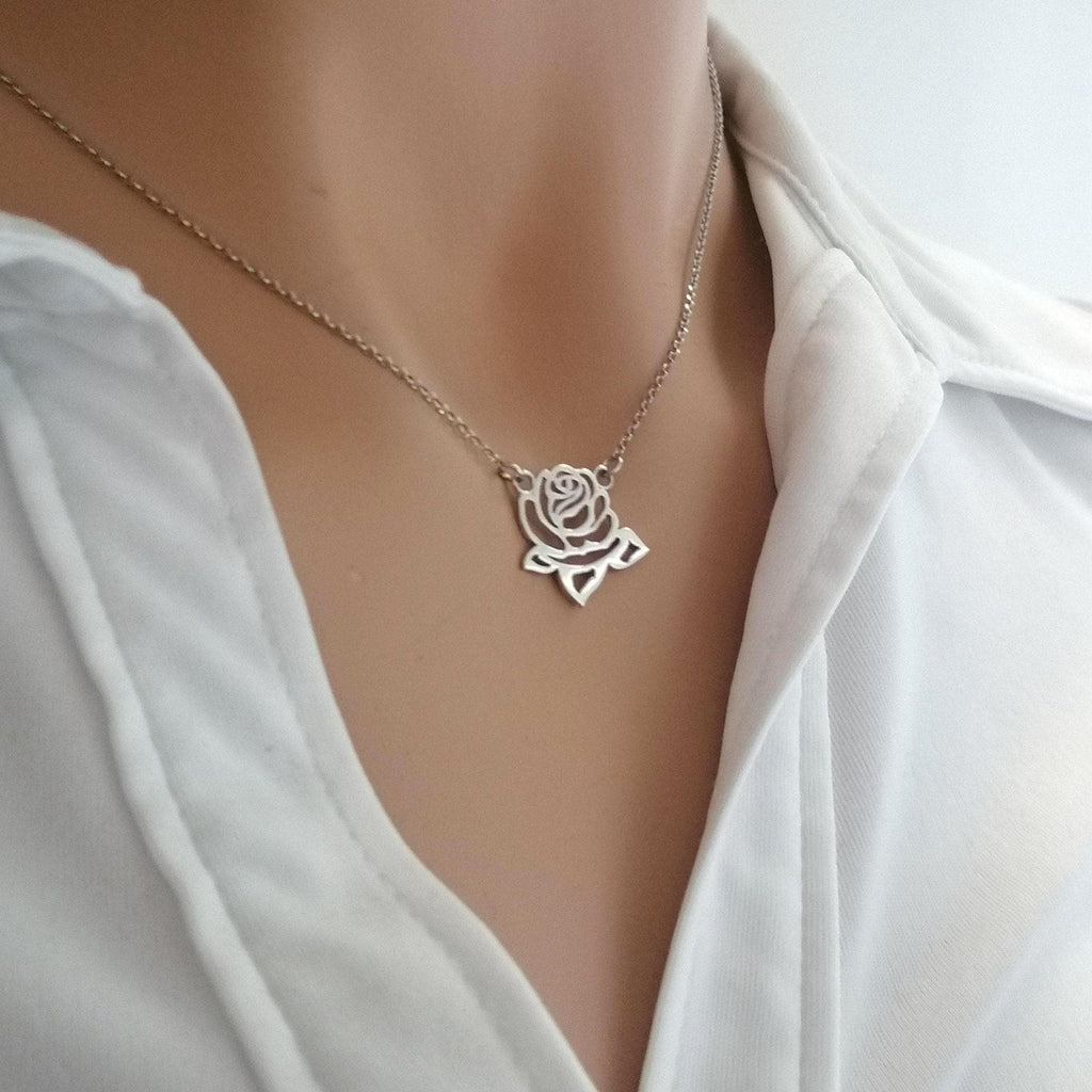 Solid 14K Gold Rose Necklace | Heirloom Floral Talisman, styled view