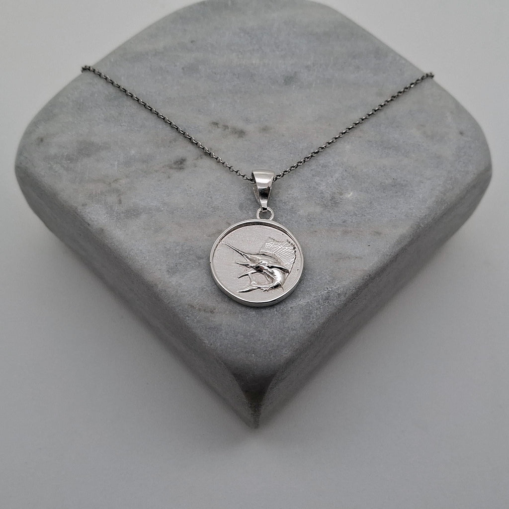 Sailfish Charm Necklace | Sterling Silver Ocean Medallion | Coastal Marlin Swordfish Pendant | Custom Engraved, front view