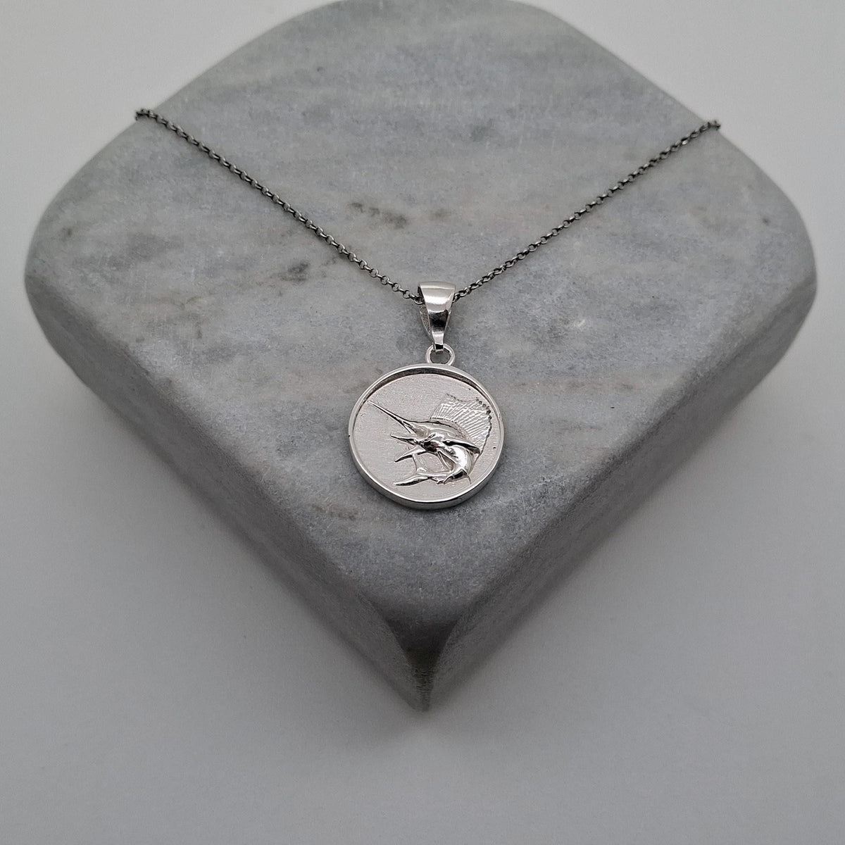 Sailfish Charm Necklace | Sterling Silver Ocean Medallion | Coastal Marlin Swordfish Pendant | Custom Engraved, front view