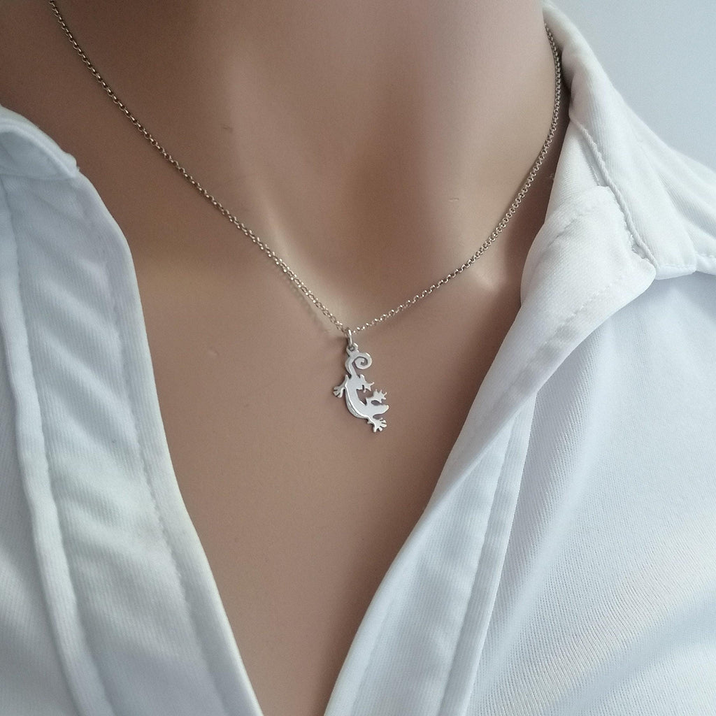 Gecko Necklace | Sterling Silver Lizard Pendant | Renewal & Healing Symbol, front view