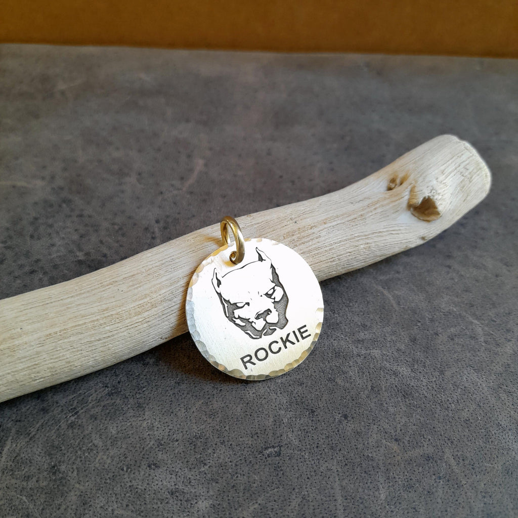 The Guardian Pitbull Token | Artisan Breed Pet ID & Custom Engraved Dog Tag, close-up detail