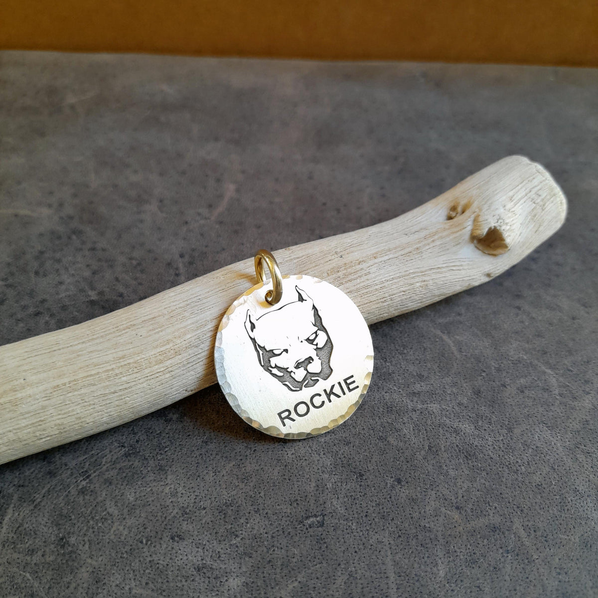 The Guardian Pitbull Token | Artisan Breed Pet ID & Custom Engraved Dog Tag, close-up detail