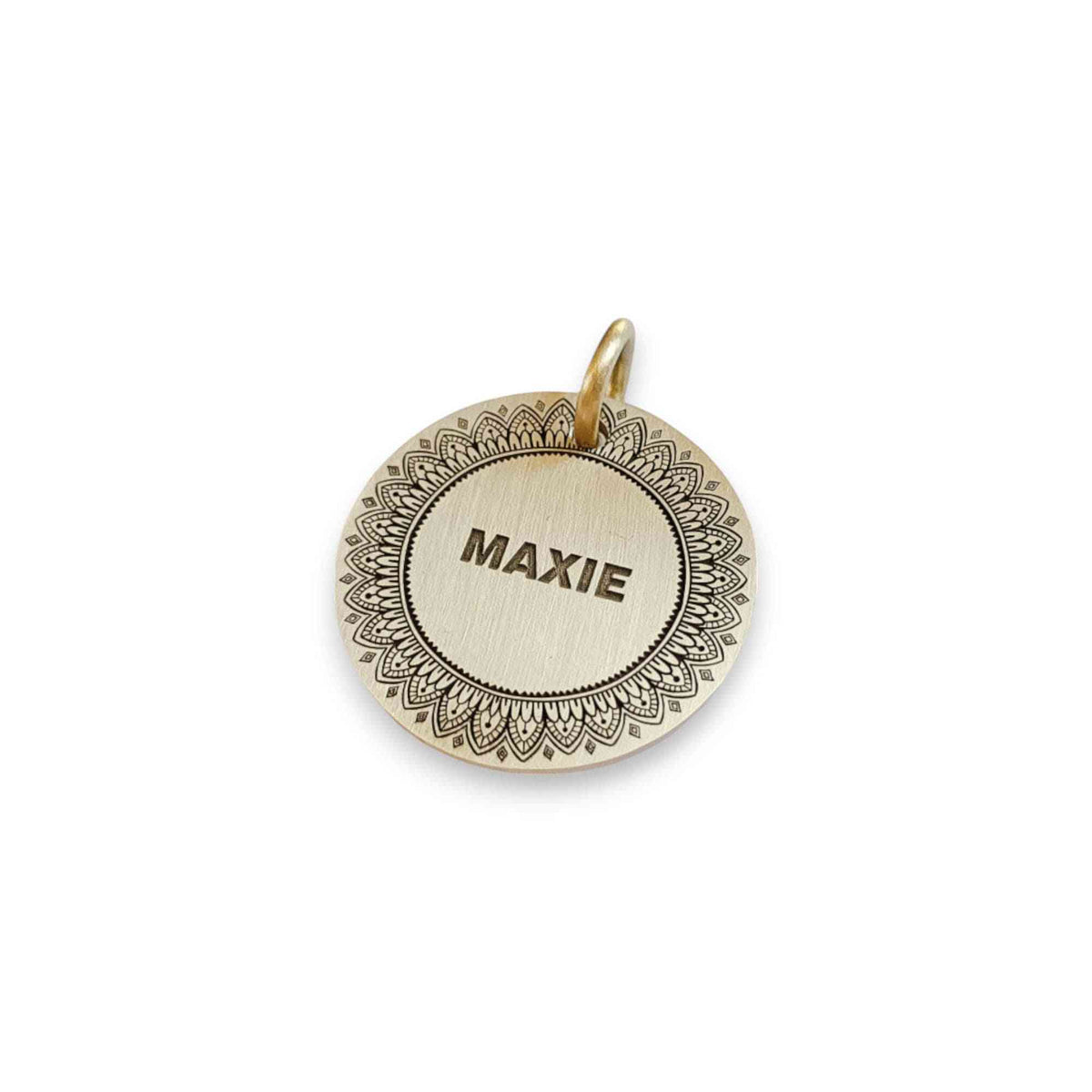 The Daisy Mandala Token | Artisan Boho Pet ID & Custom Engraved Dog Tag, styled view