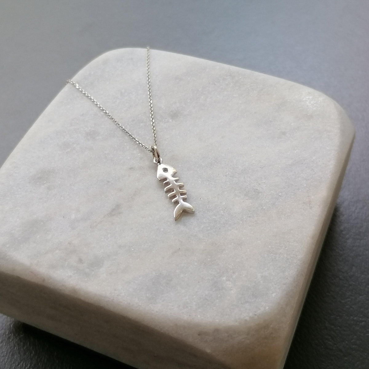 Fishbone Charm Necklace | Solid 14K Gold Nautical Talisman, additional detail