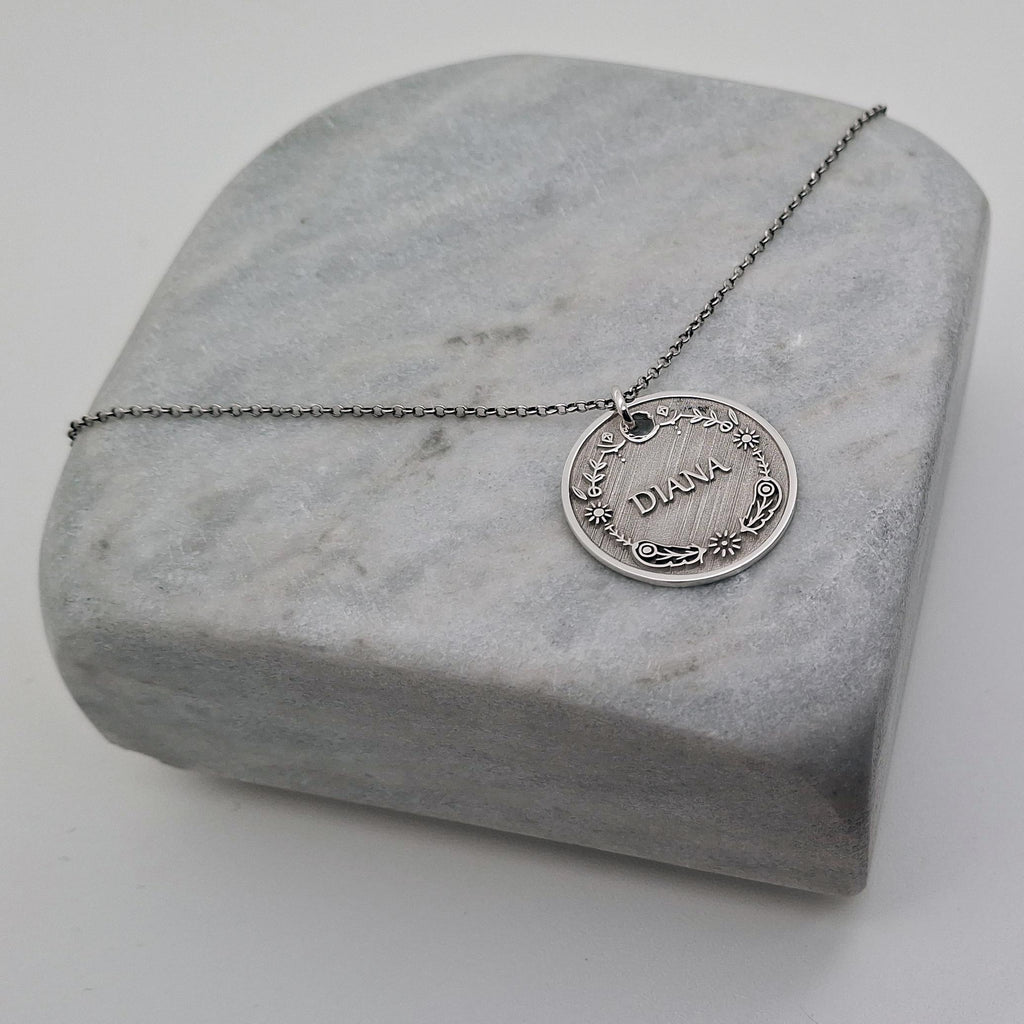 Vintage Style Name Necklace | Floral Crest Medallion, front view
