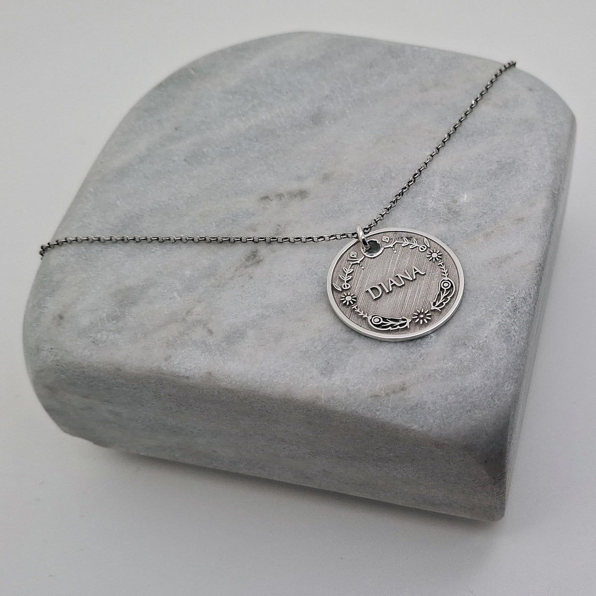 Vintage Style Name Necklace | Floral Crest Medallion, front view
