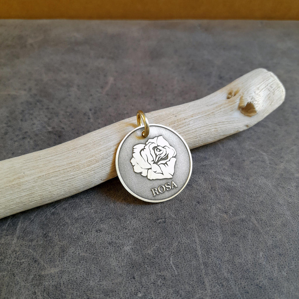 The Romantic Bloom Token | Artisan Rose Pet ID & Custom Engraved Dog Tag, close-up detail
