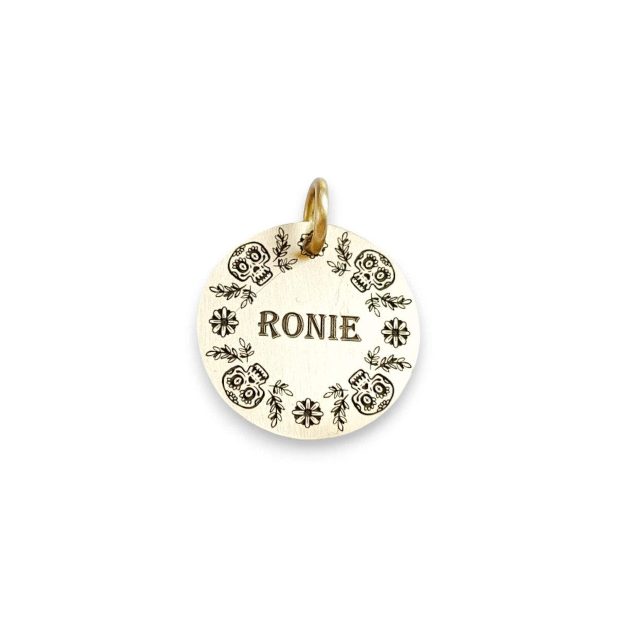 The Calavera Wreath Token | Artisan Floral Sugar Skull Pet ID & Custom Engraved Dog Tag, front view