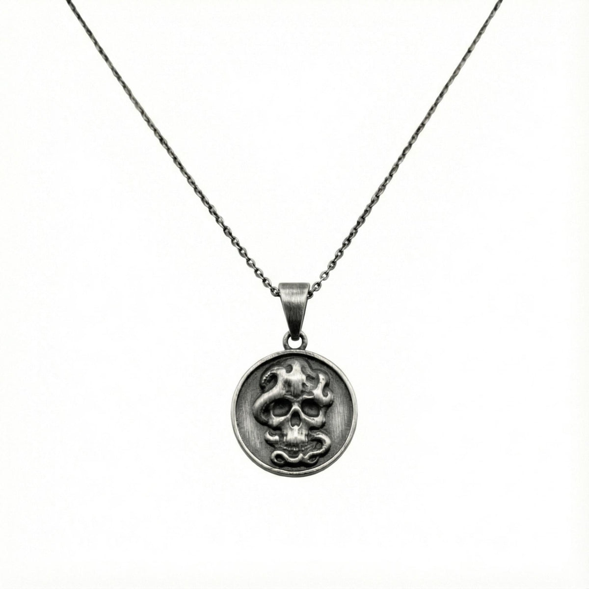 Memento Mori Necklace | Skull & Snake Talisman, in Oxidized Silver 925 finish