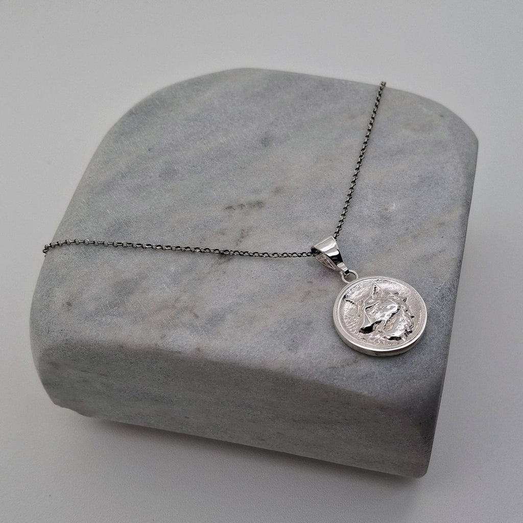 Nordic Wolf Charm Necklace | Sterling Silver Spirit Animal Medallion | Custom Engraved Wolf Pendant, alternate angle
