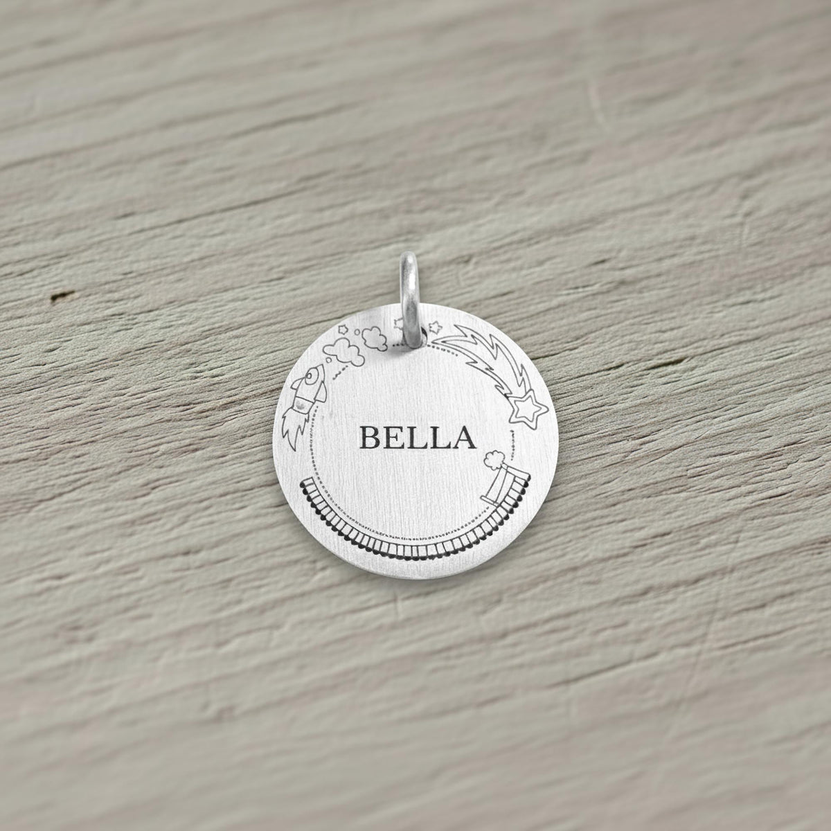 Rocket & Stars Dog Tag | Personalized Sterling Silver Space Pet ID Tag | Engraved Celestial Dog Charm, additional detail