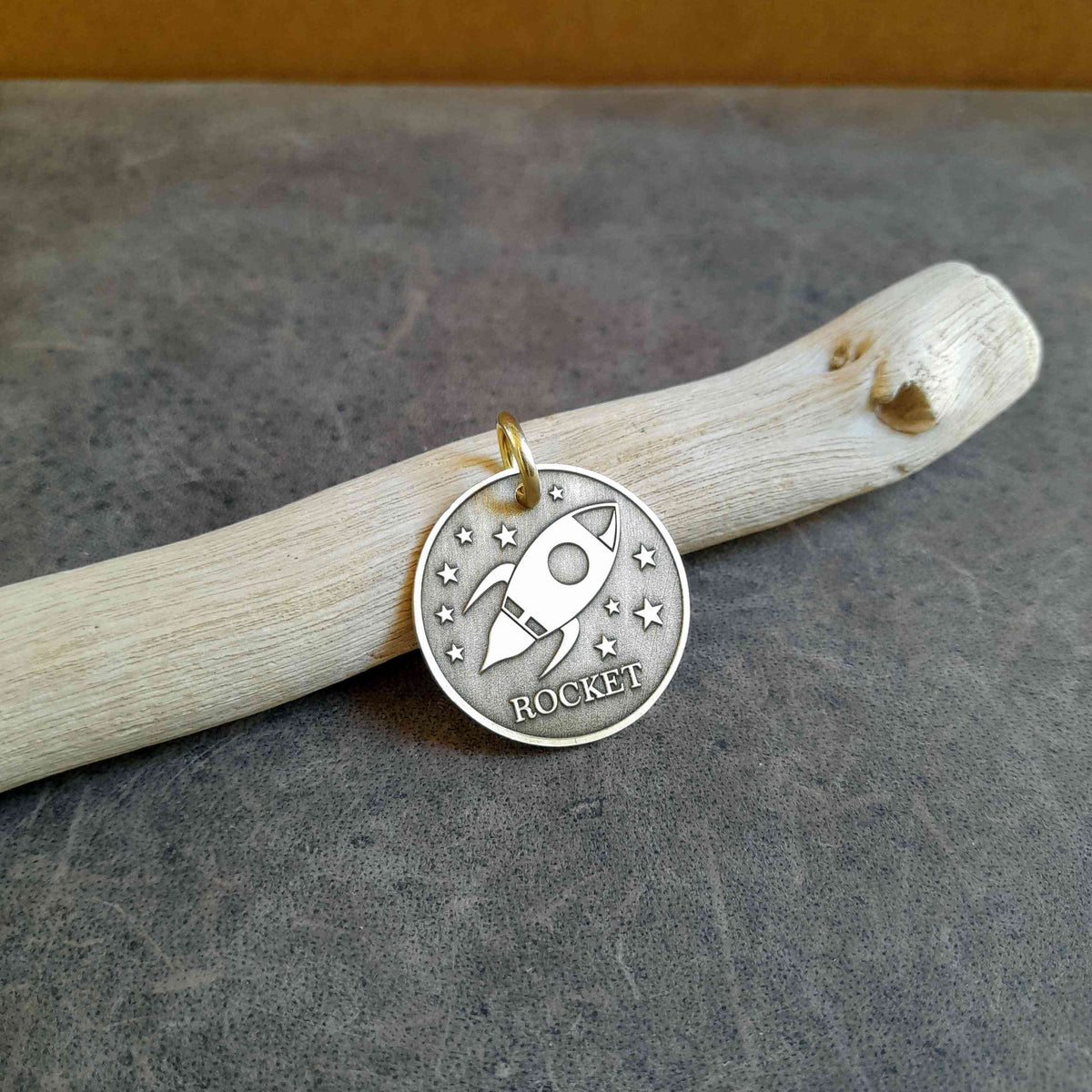The Explorer Token | Artisan Rocket Pet ID & Custom Engraved Dog Tag, close-up detail