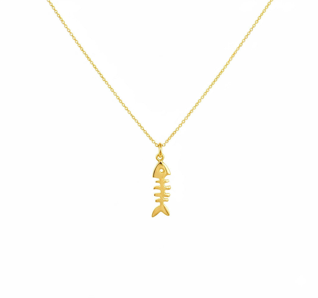 Fishbone Charm Necklace | Playful Nautical Talisman, in Yellow Gold Plated finish