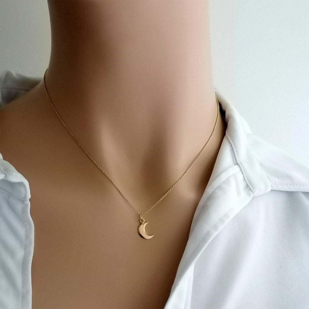 Crescent Moon Necklace | Dainty Solid Gold Celestial Charm | New Beginnings Pendant, close-up detail