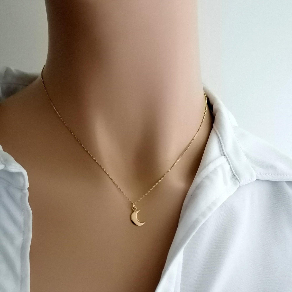 Crescent Moon Necklace | Dainty Solid Gold Celestial Charm | New Beginnings Pendant, close-up detail