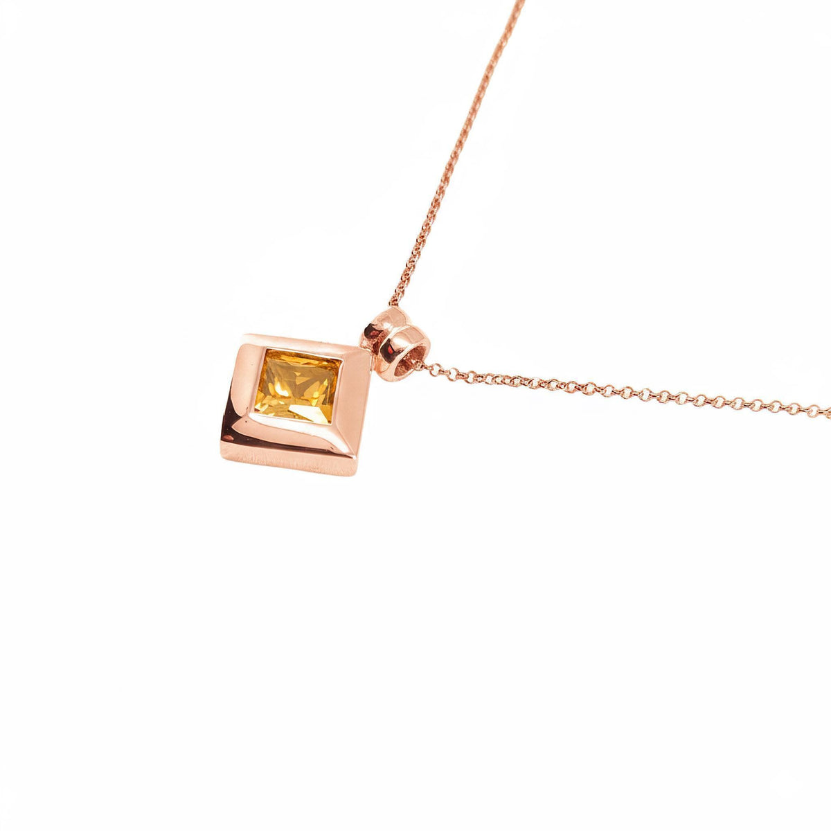 Rhombus Pendant Necklace | Yellow CZ Geometric Talisman, in Rose Gold Plated finish