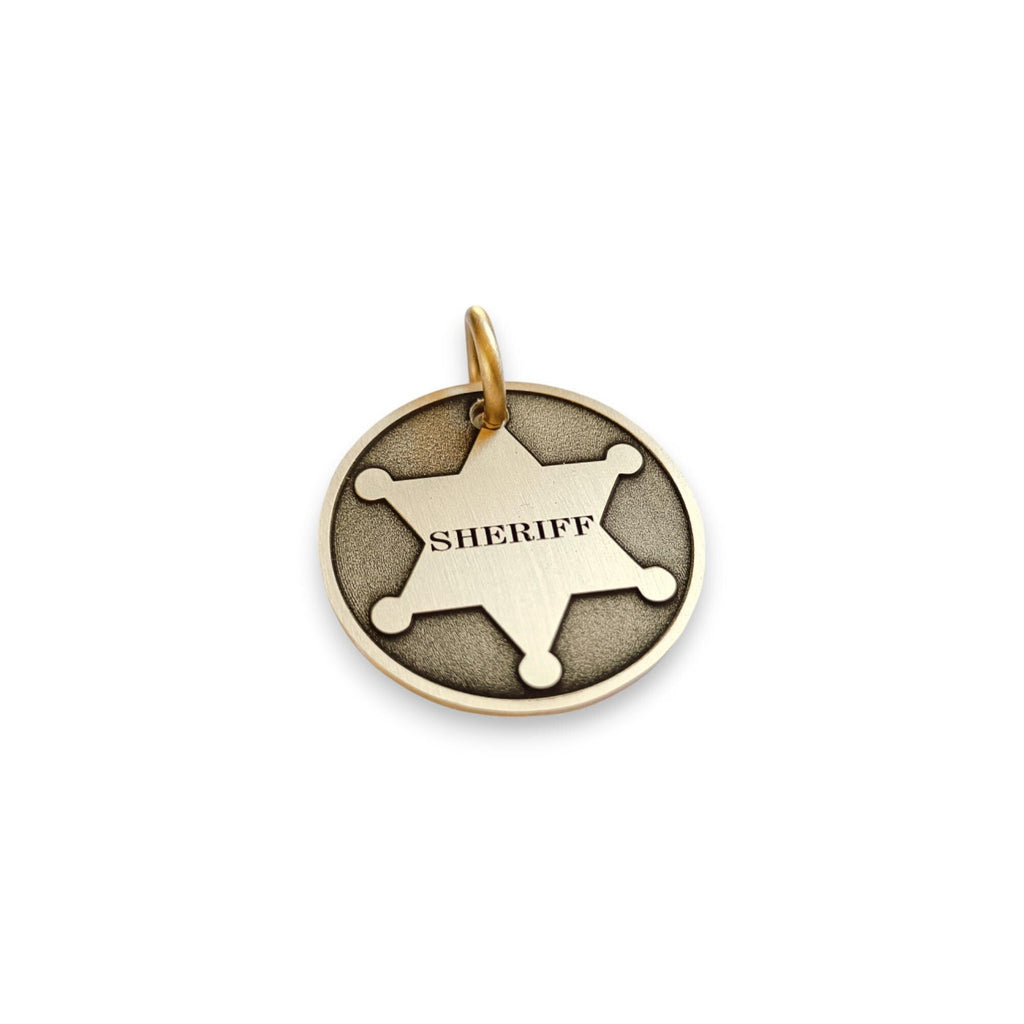 The Sheriff Token | Artisan Star Badge Pet ID & Custom Engraved Dog Tag, styled view