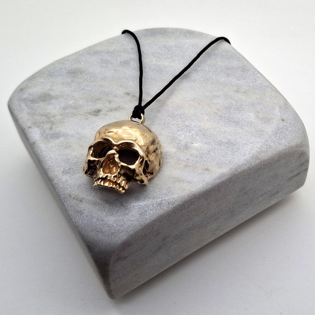 Brass Skull Necklace | 3D Gothic Memento Mori Pendant | Black Jade Cord Talisman, alternate angle