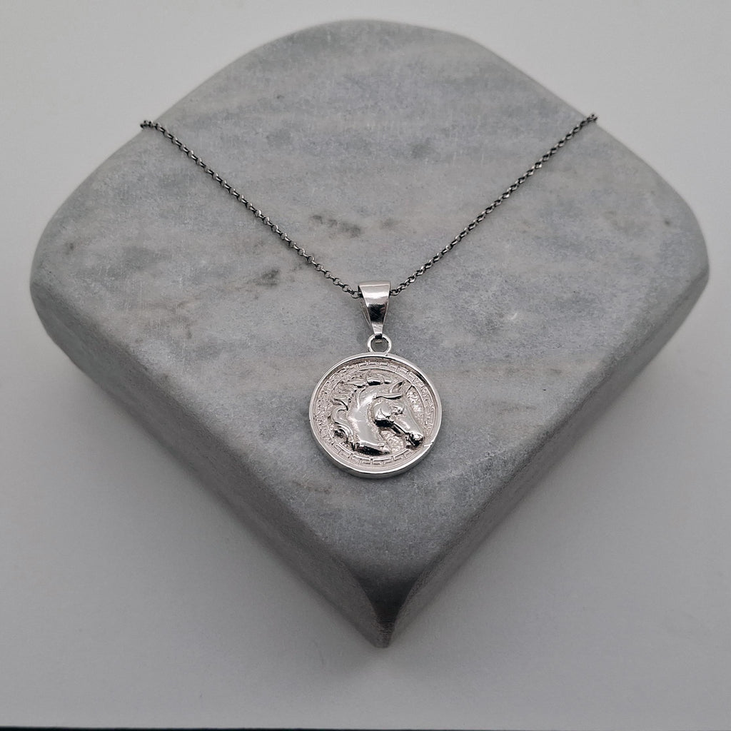 Horse Medallion Necklace | Sterling Silver Equestrian Pendant with Greek Key Border | Custom Engraved, close-up detail