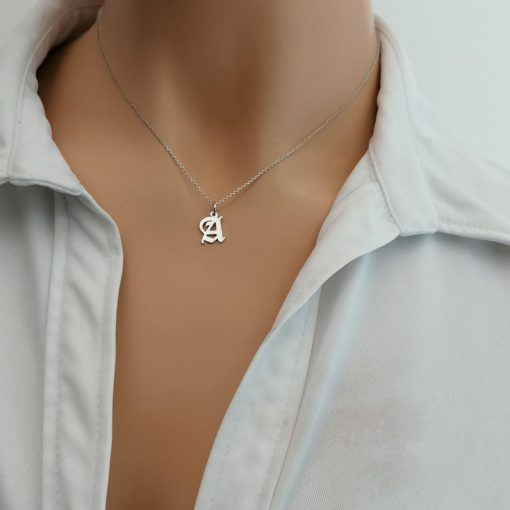Old English Initial Necklace | Custom Gothic Letter Talisman, alternate angle