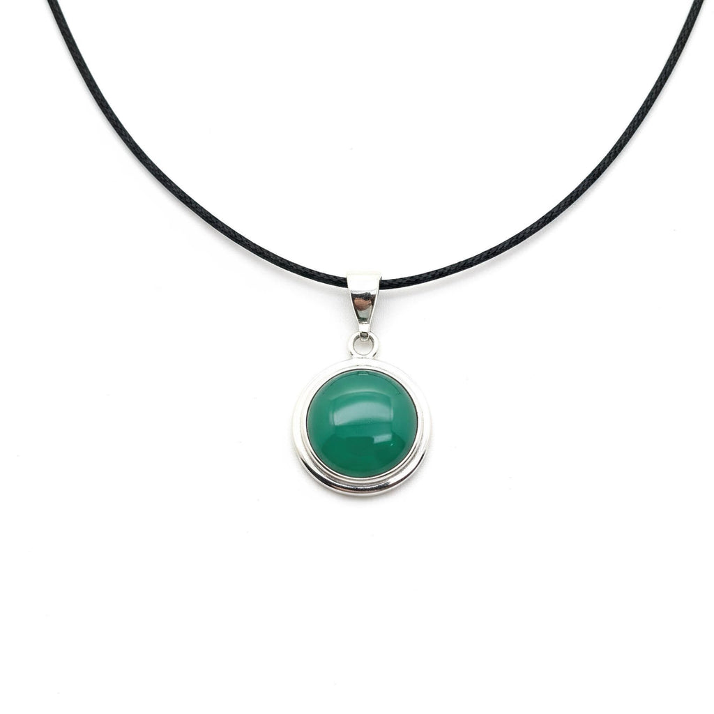 Green Agate Pendant Necklace | Sterling Silver Circle Gemstone Medallion | Heart Chakra Healing Talisman, front view