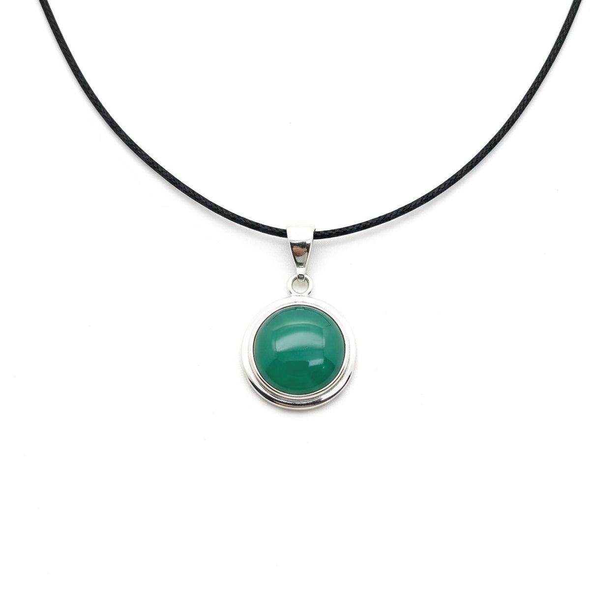 Green Agate Pendant Necklace | Sterling Silver Circle Gemstone Medallion | Heart Chakra Healing Talisman, front view